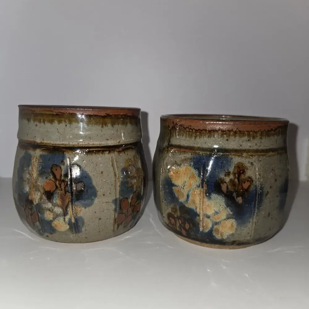 Vintage Mary Humphrey Michigan Studio Pottery Stoneware Tumblers Cups - Pair